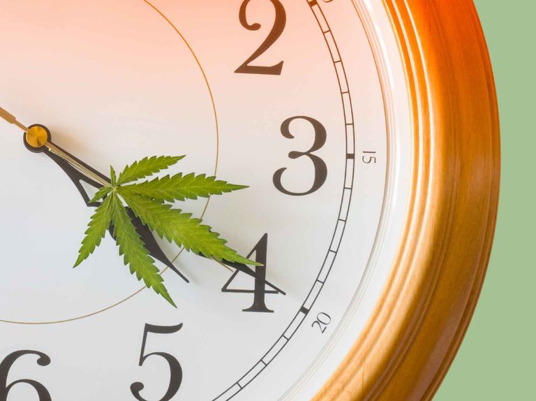 Ziffernblatt mir einem Cannabisblatt als Zeiger